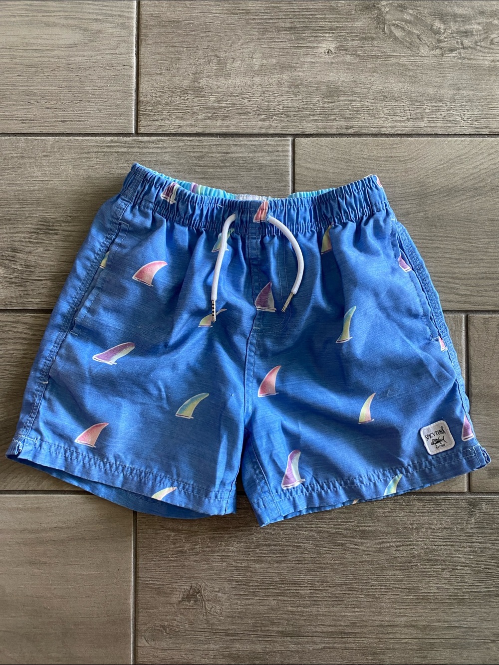 Spicy Tuna Boys Swim Trunks - Blue with shark fin graphics